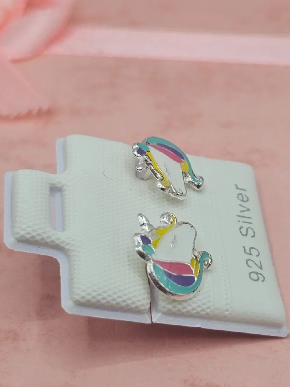 Sterling Silver 925 High Polished Colored Enamel Unicorn Head Screw Stud Earring